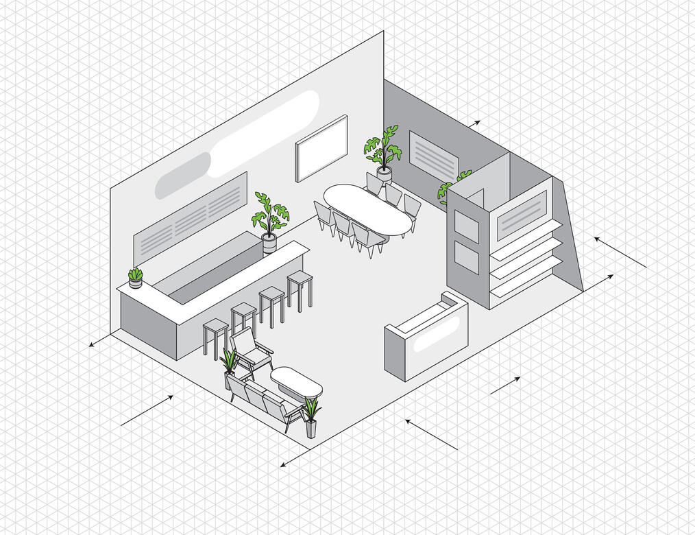 Isometric sketching for trade show booth design concepts.